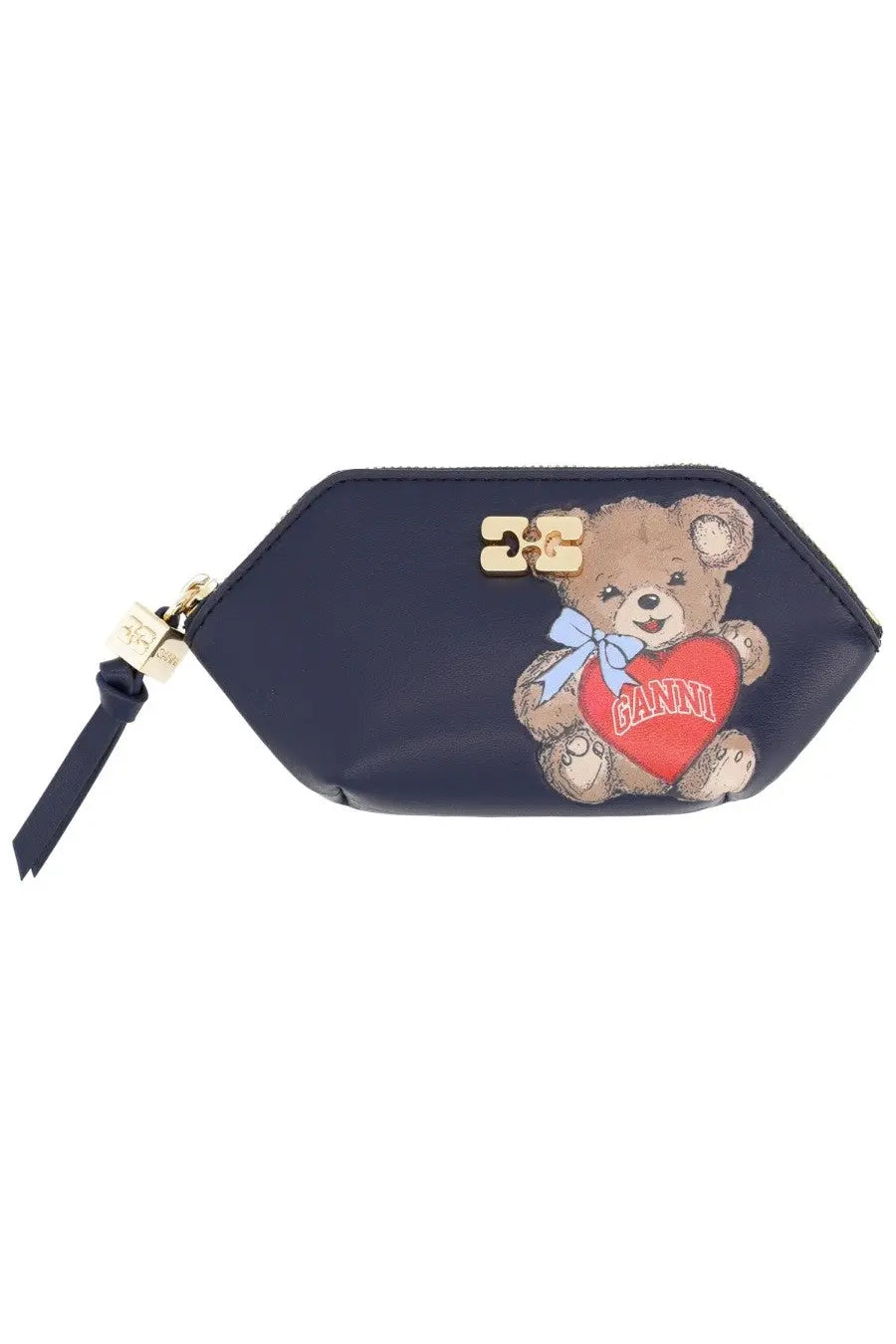 Navy blue ganni women’s bou coin purse with a brown teddy bear holding a red heart and gold-tone hardware