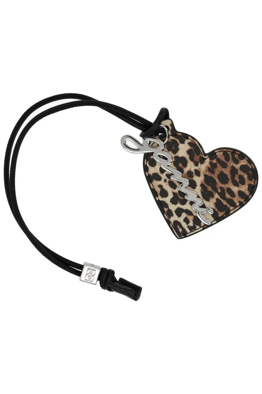 Ganni women’s bou heart keychain leopard print charm with silver cursive lettering and black cord