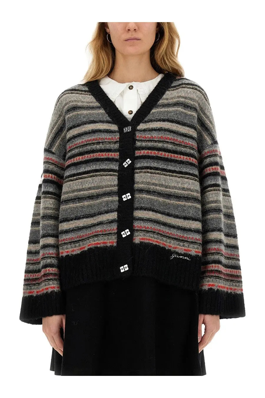 Ganni women’s boxy fit cardigan in multicolor with horizontal stripes soft knit texture and distinctive square buttons