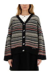 Ganni women’s boxy fit cardigan in multicolor with horizontal stripes soft knit texture and distinctive square buttons