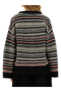 Ganni women’s boxy fit cardigan oversized knit sweater with gray black and muted red stripes and ribbed black trim