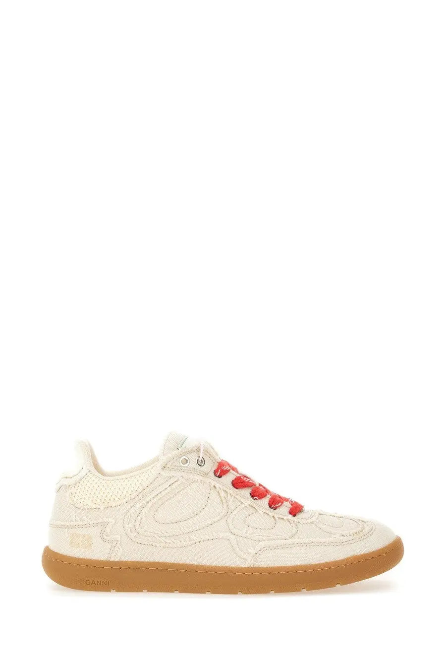 Ganni women’s canvas sneaker in cream with red laces and tan rubber sole for casual wear