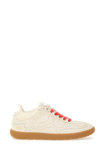 Ganni women’s canvas sneaker in cream with red laces and tan rubber sole for casual wear