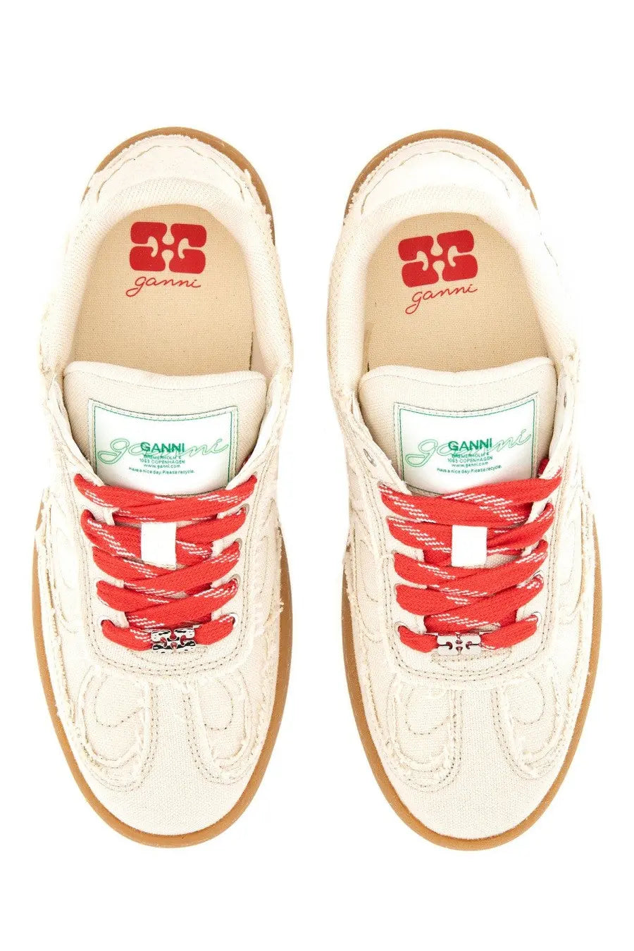 Ganni women’s canvas sneaker white in cream with red laces and subtle embroidered detailing on the side