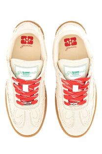 Ganni women’s canvas sneaker white in cream with red laces and subtle embroidered detailing on the side