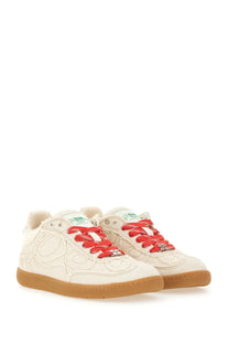 Ganni women’s canvas sneaker white in cream with red laces embroidered upper and tan rubber sole