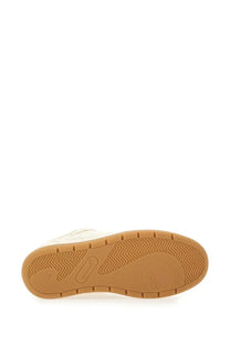 Ganni women’s white canvas high-top sneaker with tan rubber sole and herringbone tread pattern embossed logo