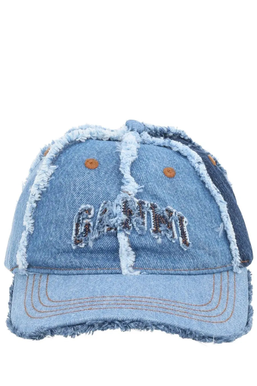 Ganni women’s denim baseball cap in light blue with distressed edges brown buttons and ganni embroidered front