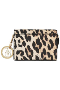 Ganni womens leopard-print card holder with gold-tone chain and circular key ring for stylish organization