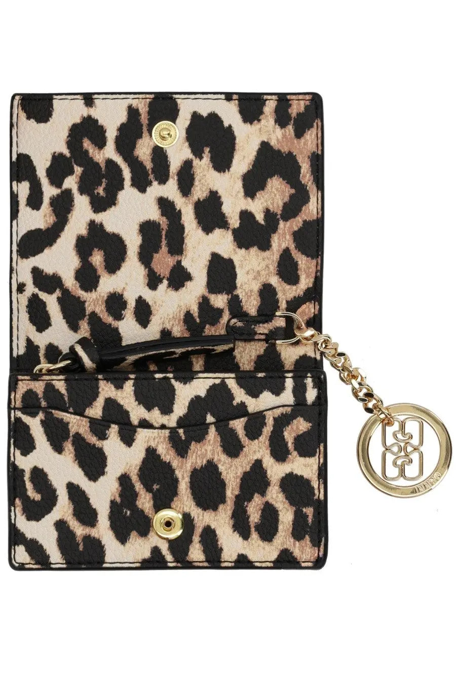 Ganni women’s leopard print card holder with gold-tone hardware and circular keychain charm in leather material