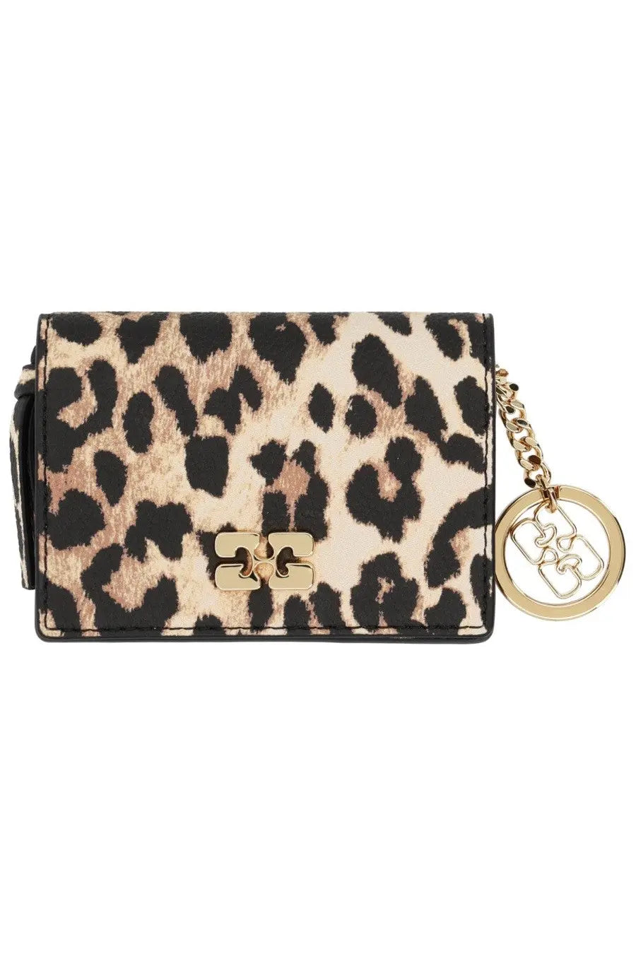 Ganni women’s leopard-print mini wallet with gold-tone logo clasp and matching chain keychain card holder pattern