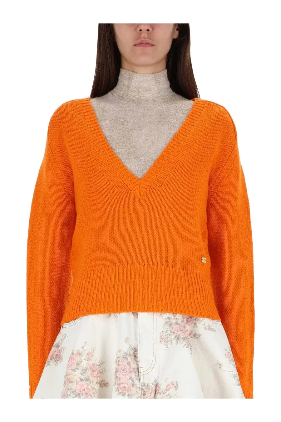 Ganni women’s orange cashmere v-neck sweater with ribbed cuffs and hem and small gold logo on lower left side