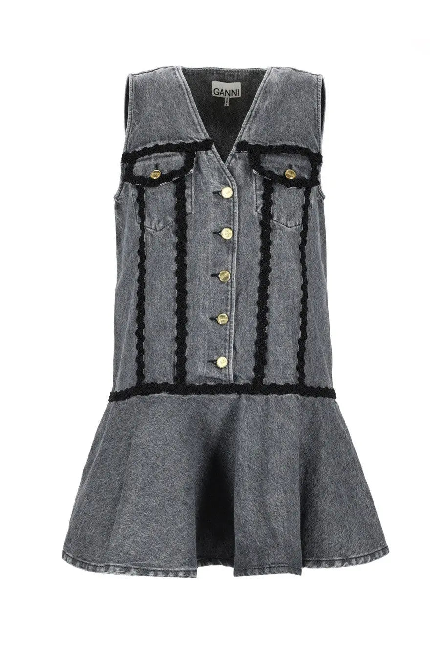 Ganni women’s gray cotton mini dress with sleeveless denim design black crochet trim and gold-tone buttons down front