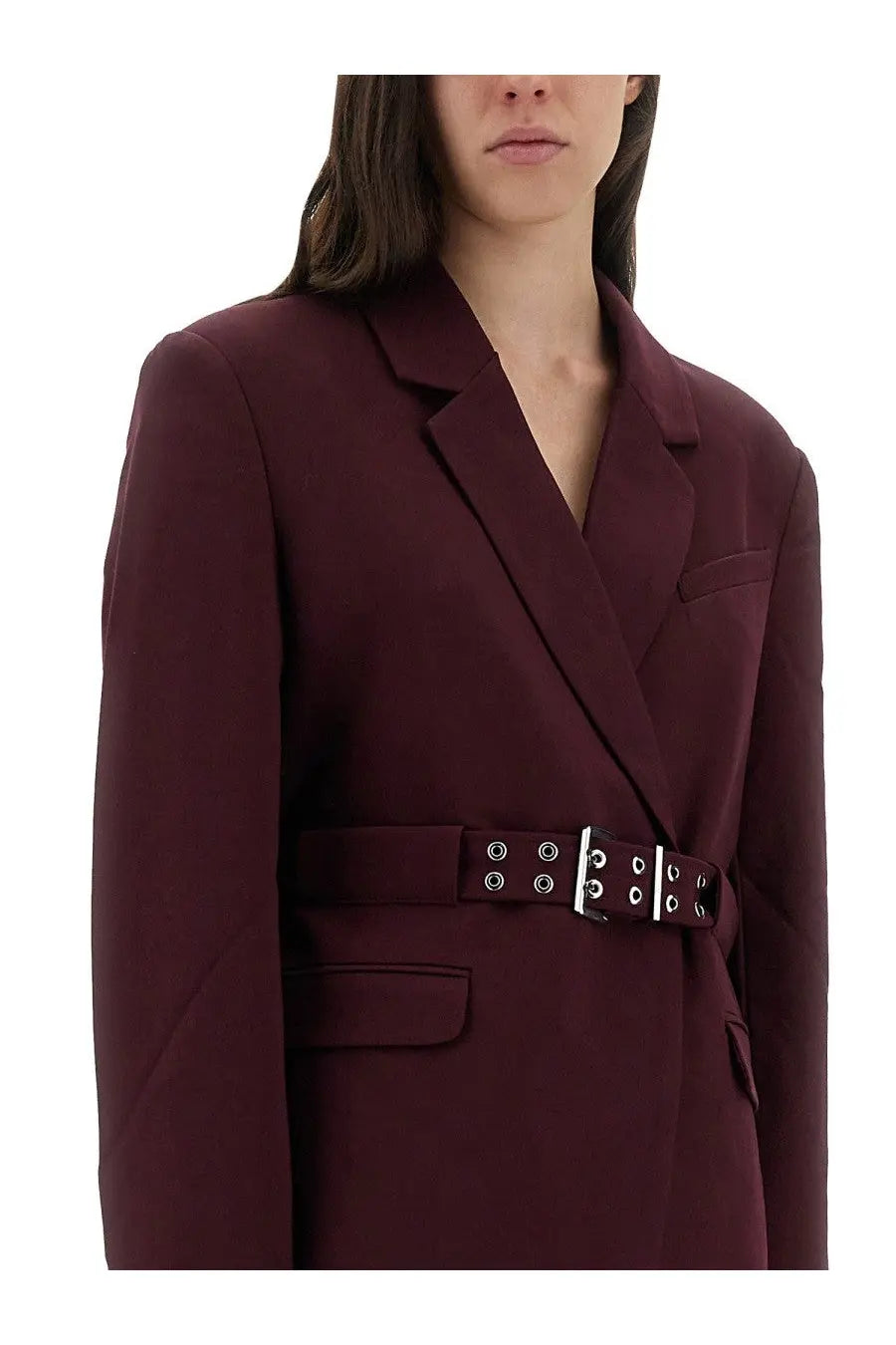 Ganni women’s crepe blazer red maroon with matching belt silver metal hardware and circular eyelets front view