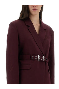 Ganni women’s crepe blazer red maroon with matching belt silver metal hardware and circular eyelets front view