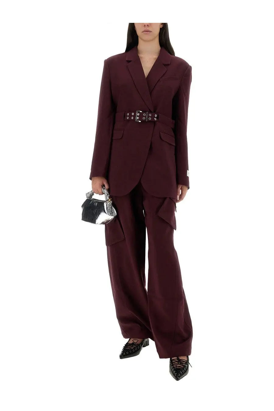 A sleek black and silver metallic handbag with structured design paired with ganni womens crepe blazer red
