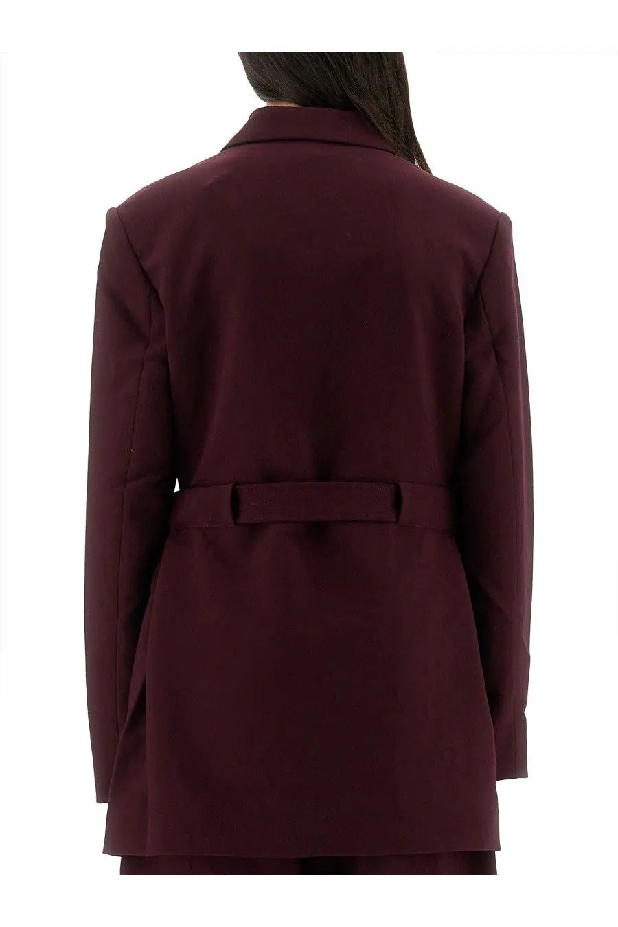 Ganni women’s crepe blazer red with a structured design maroon color belted waist and notched lapel