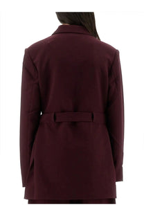 Ganni women’s crepe blazer red with a structured design maroon color belted waist and notched lapel