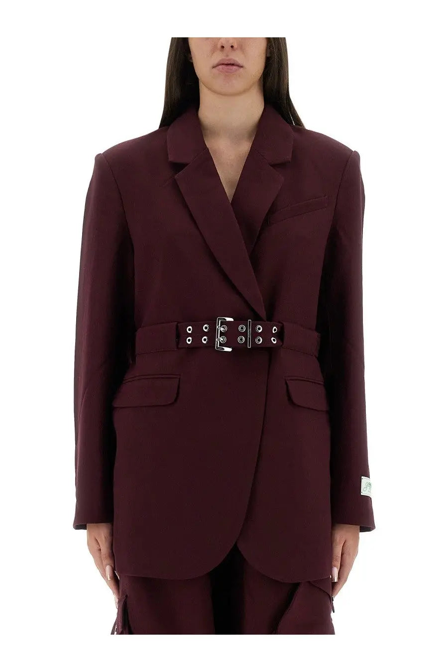Ganni women’s red crepe blazer featuring a structured design with a wide maroon belt and silver-toned buckle