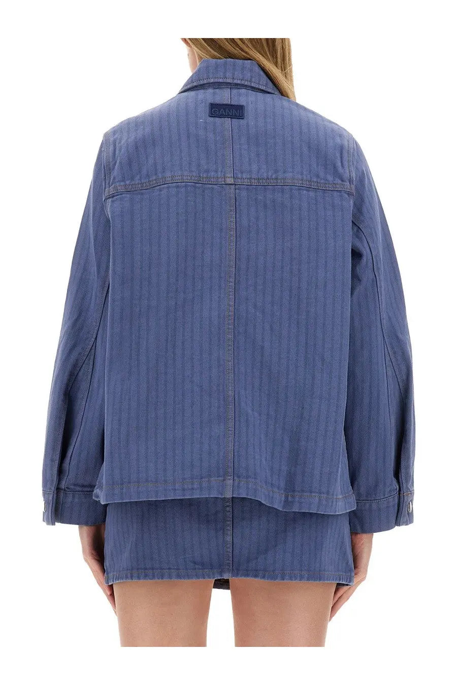 Blue denim jacket by ganni with vertical stripes and branded label on the collar for women