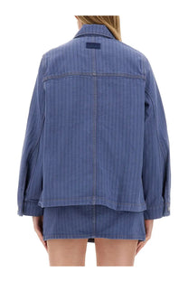 Blue denim jacket by ganni with vertical stripes and branded label on the collar for women