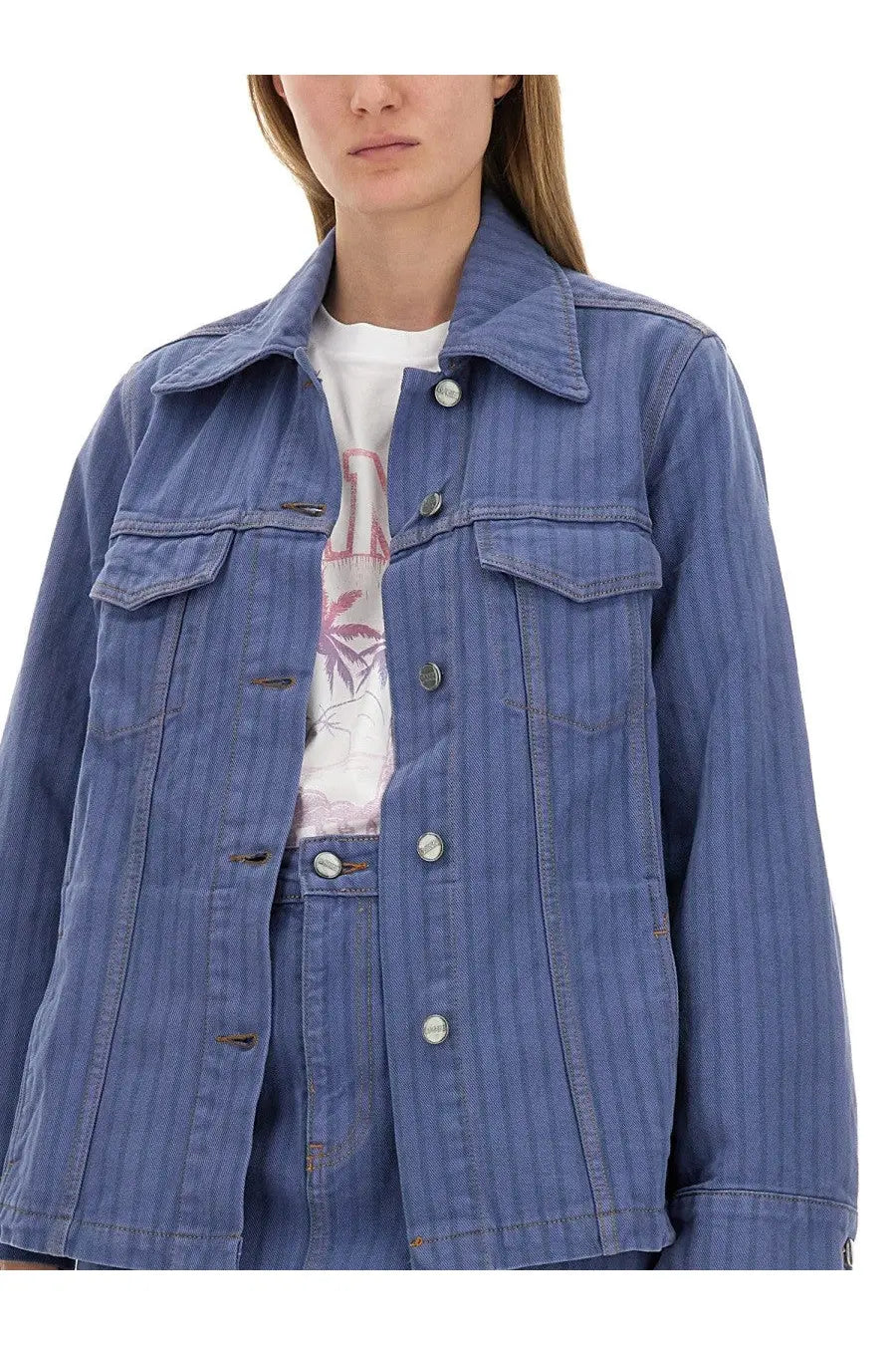 Blue denim jacket by ganni with vertical stripes and silver buttons for women’s casual wear