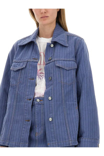 Blue denim jacket by ganni with vertical stripes and silver buttons for women’s casual wear