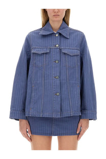 Ganni women’s blue denim jacket with vertical stripes and silver buttons on front