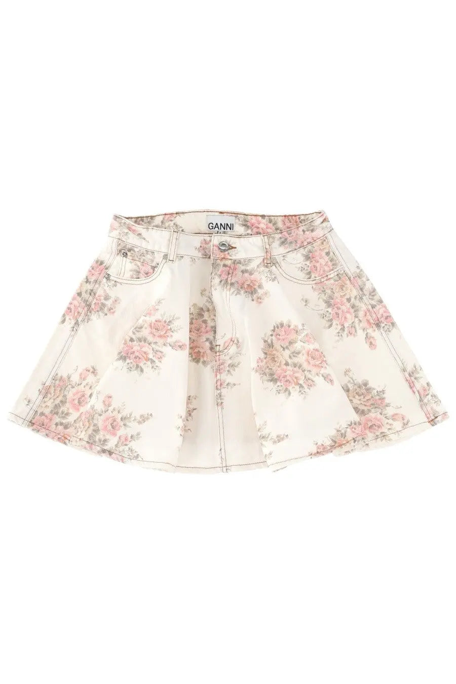 Ganni women’s denim miniskirt in white with a soft pink and cream floral pattern and a flared pleated silhouette
