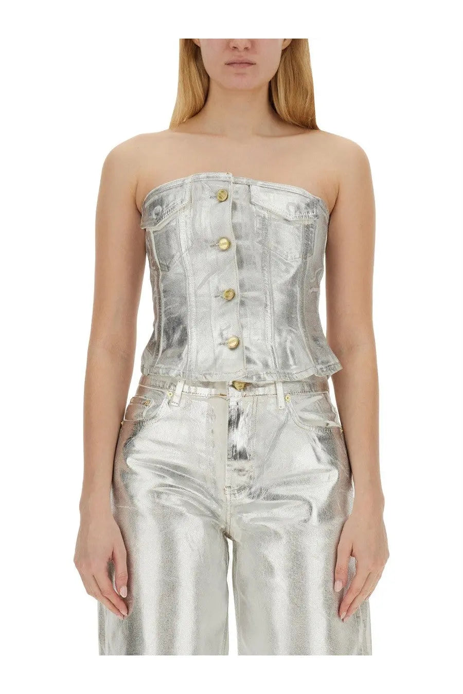 Ganni women’s shiny silver metallic denim strapless corset top with gold-tone buttons in white
