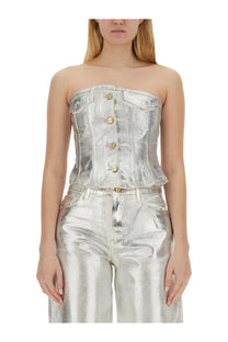 Ganni women’s shiny silver metallic denim strapless corset top with gold-tone buttons in white
