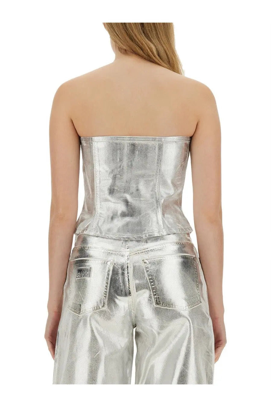 Ganni women’s denim top white with silver metallic strapless corset design and structured seam detailing