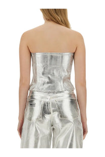 Ganni women’s denim top white with silver metallic strapless corset design and structured seam detailing