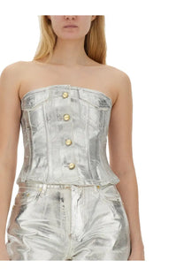Silver metallic denim strapless corset top with gold-tone buttons from ganni womens denim top white collection