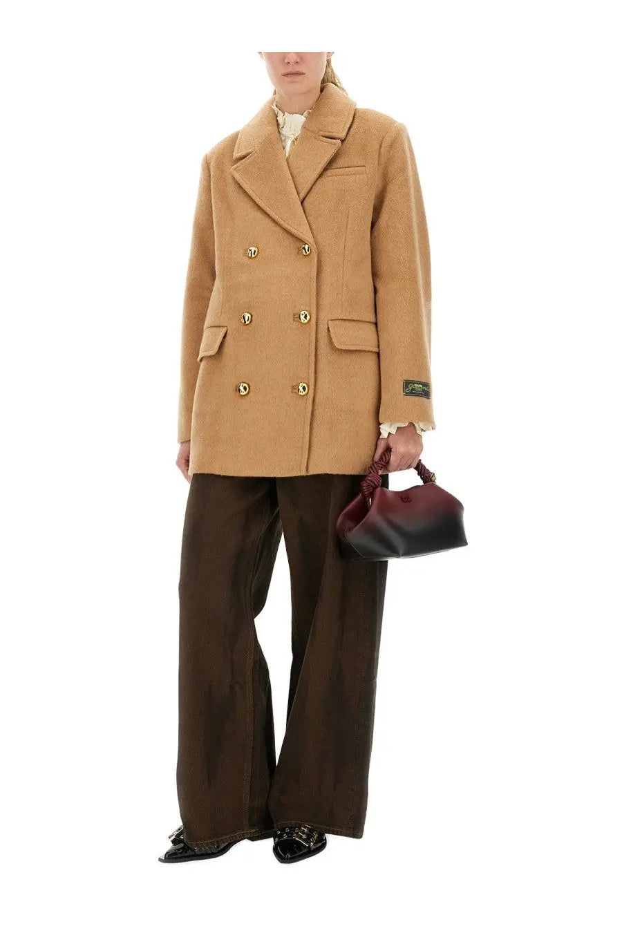 Ganni women’s brown double breasted wool blazer with gold tone buttons and structured collar in tan wool