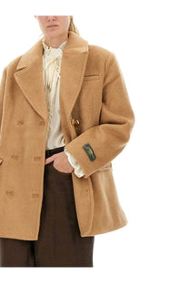Tan wool double breasted blazer with gold toned buttons and branded patch on sleeve by Ganni women’s brown blazer