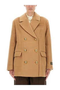 Ganni women’s double breasted brown wool blazer with gold toned buttons and structured collar front view