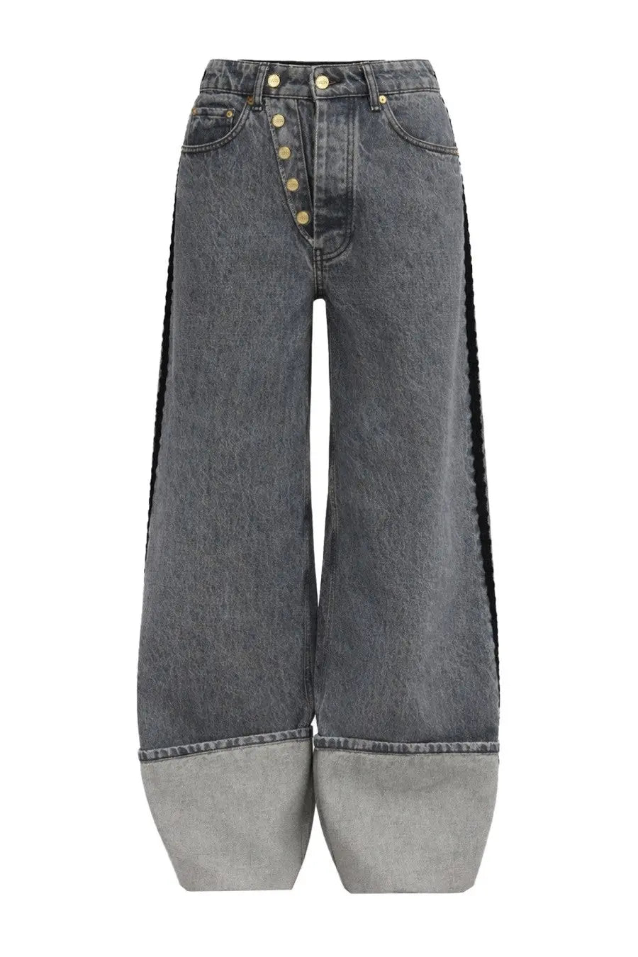 Ganni women’s double fly jeans grey dark gray wide-leg denim pants with black side stripes and gold-tone buttons