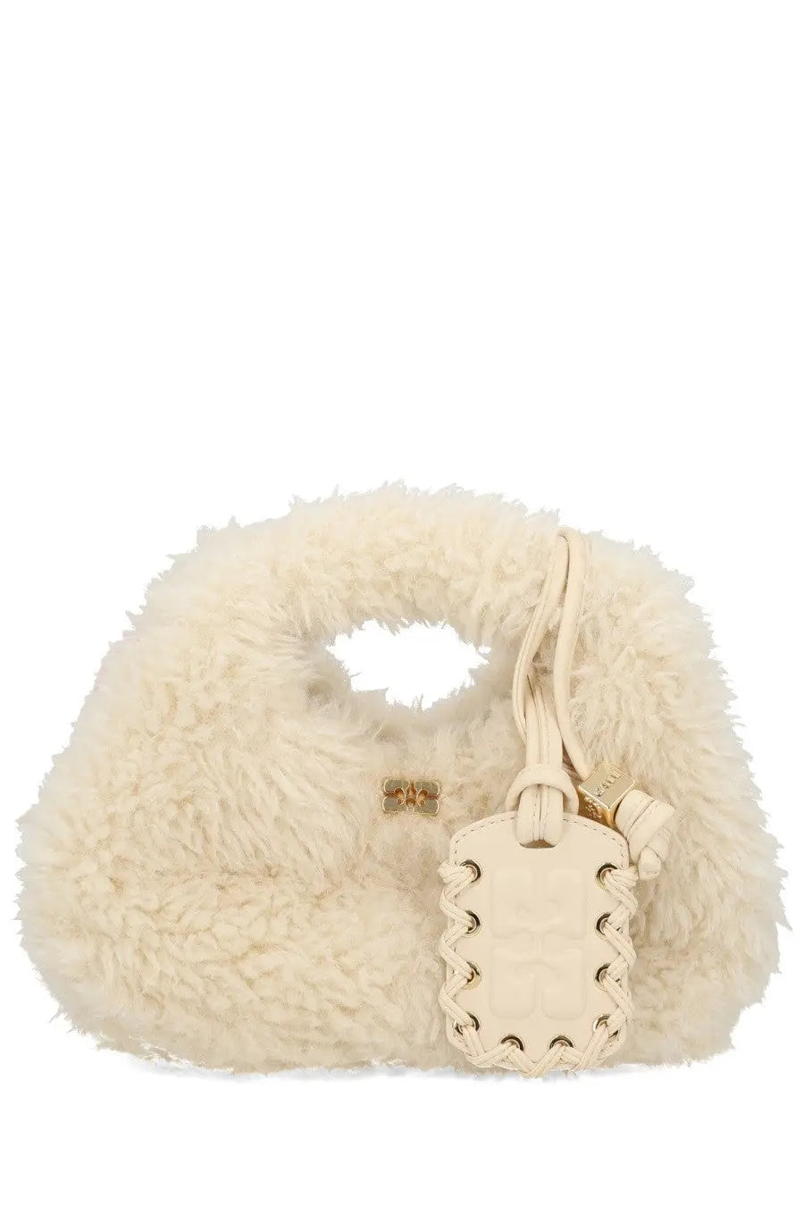 Cream-colored fluffy faux fur hobo bag by Ganni with matching leather tag and gold-tone hardware in white
