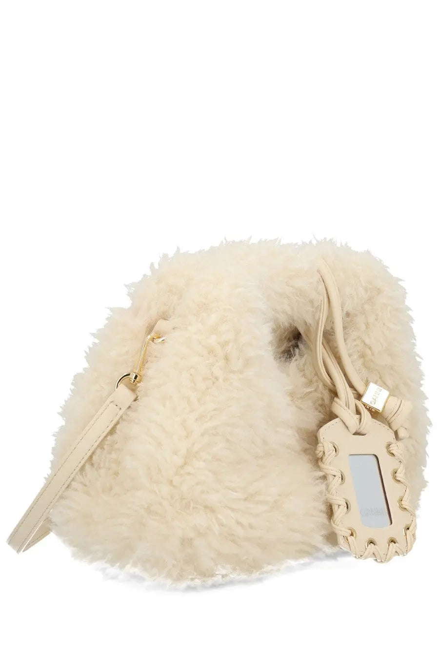 Ganni women’s white faux fur hobo bag with cream sheepskin texture leather strap and decorative tag