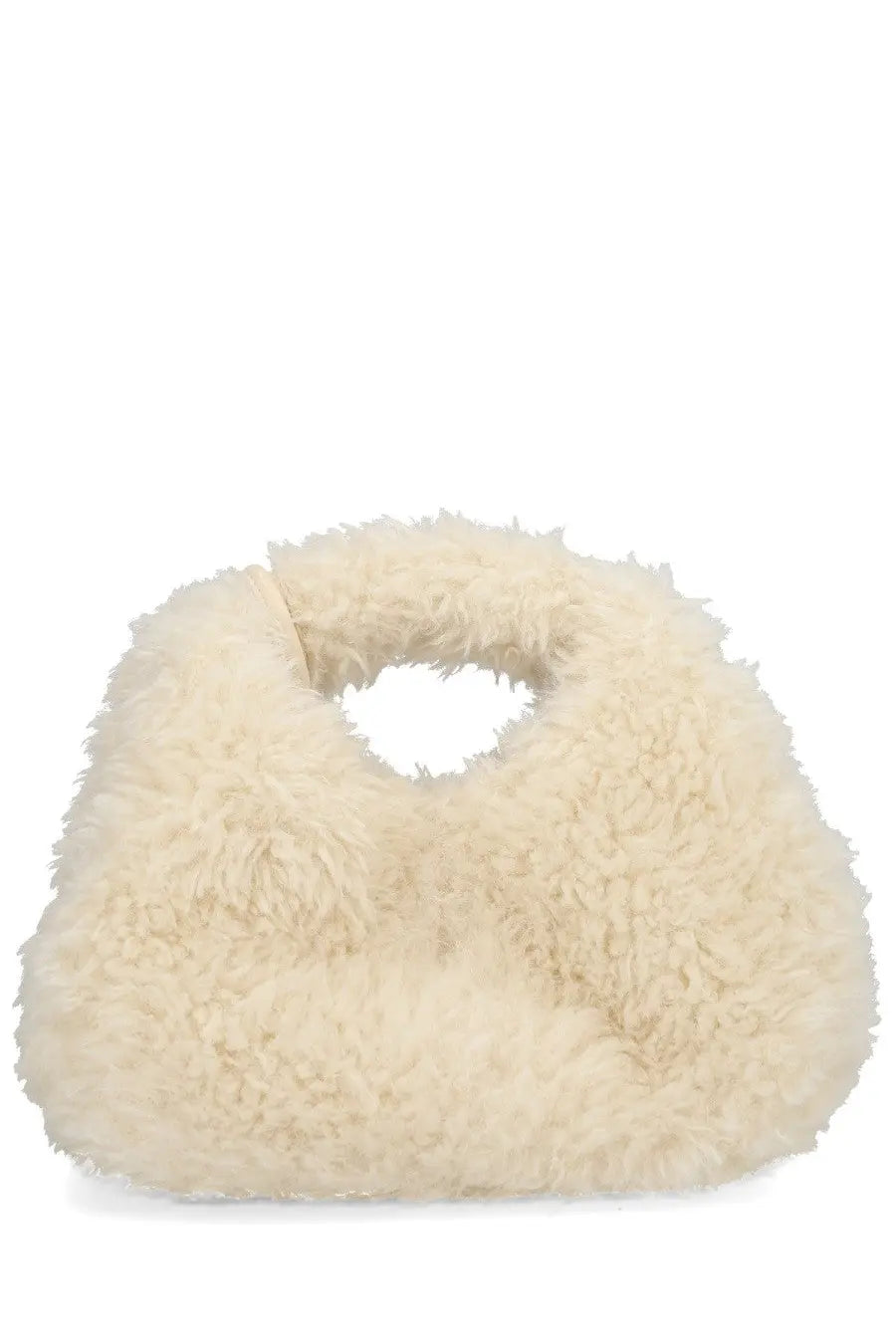 Cream-colored plush sheepskin ganni women’s faux fur hobo bag with rounded top handle in white