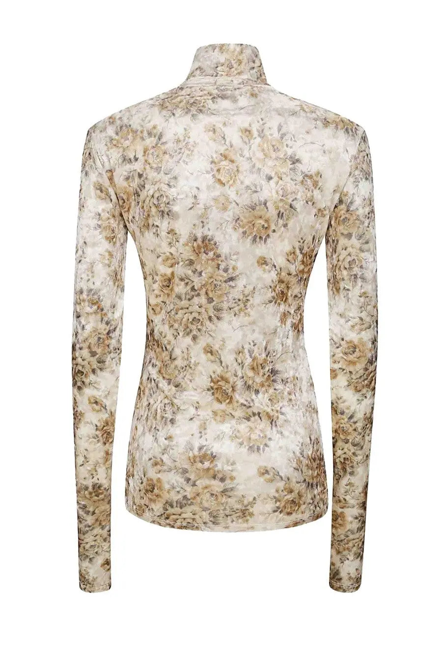 A fitted long-sleeved turtleneck top by ganni in soft cream with intricate muted gold and brown floral print