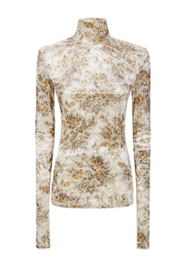 A high-necked long-sleeved ganni women’s floral print top in shimmering cream and beige with subtle sheen