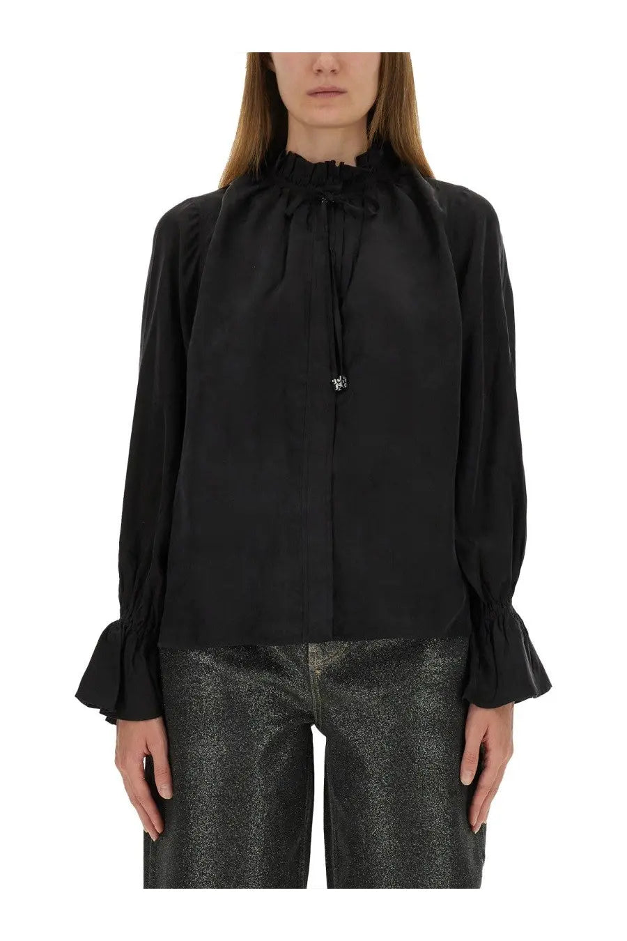 Ganni women’s fluid cupro black satin blouse with ruffled neckline and flared sleeves