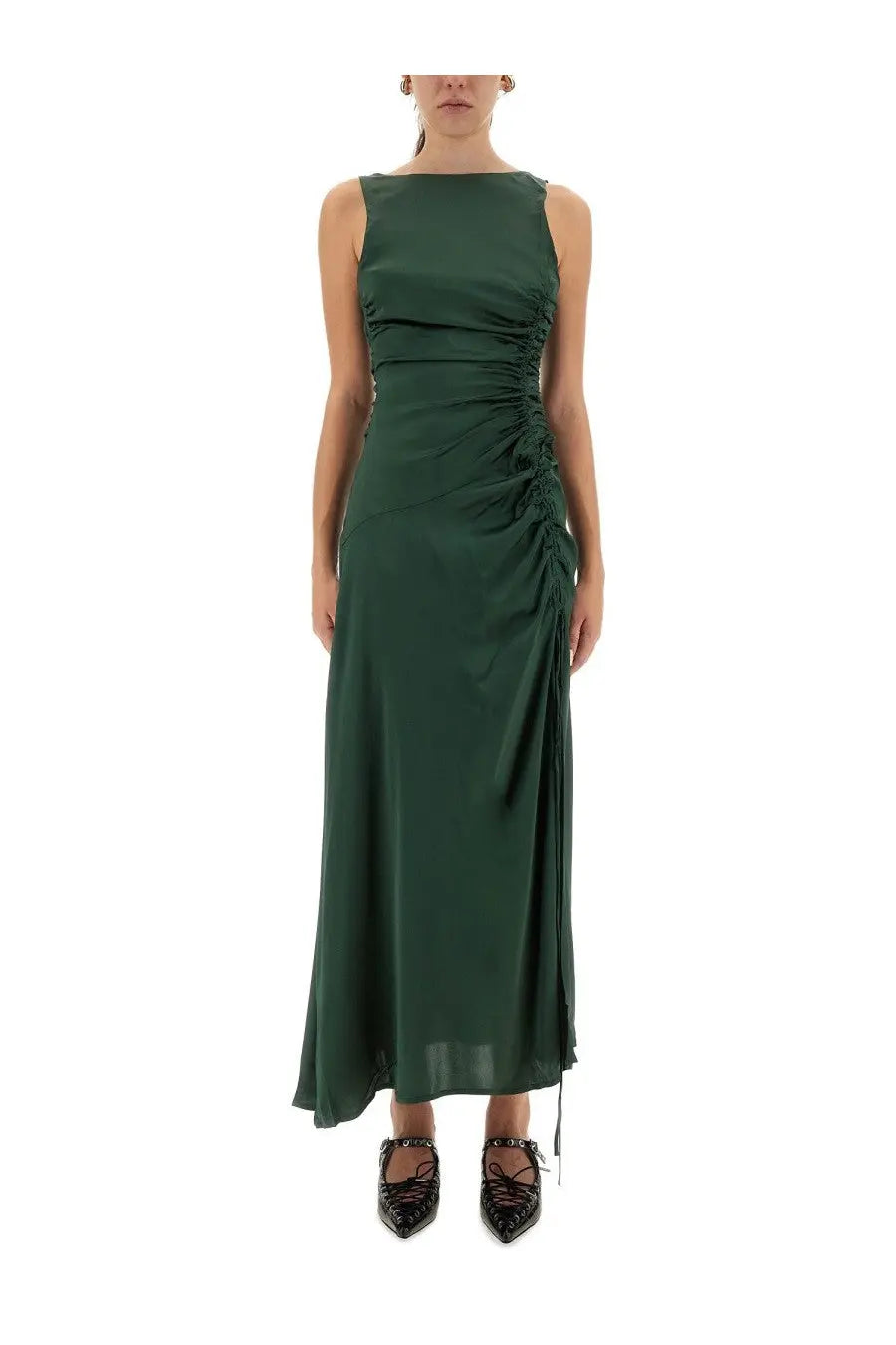 Ganni women’s gathered satin maxi dress in emerald green with ruched side panel and asymmetrical hemline