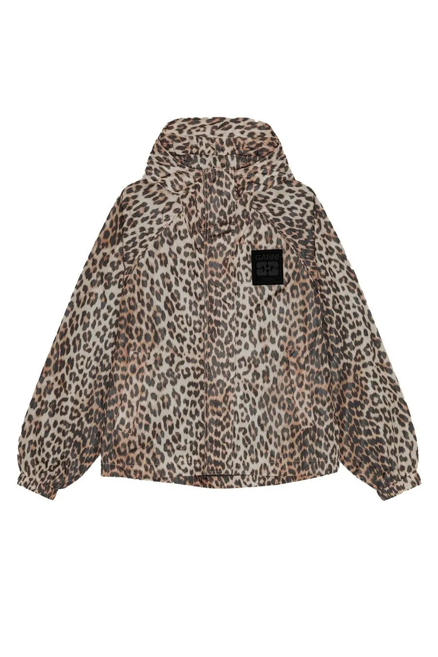 Ganni women’s giacca con stampa leopardata multicolor beige and brown leopard print hooded jacket with black chest patch