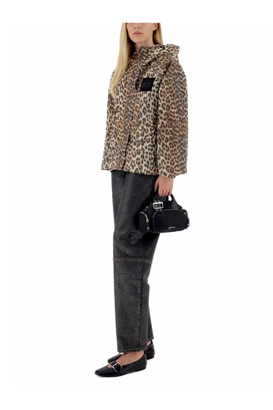 Black compact handbag with silver hardware and structured rounded design for ganni women’s giacca con stampa leopardata multicolor