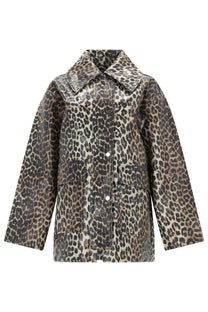 Ganni women’s giacca laminata leopard print trench coat with glossy faux-leather finish and classic button closure