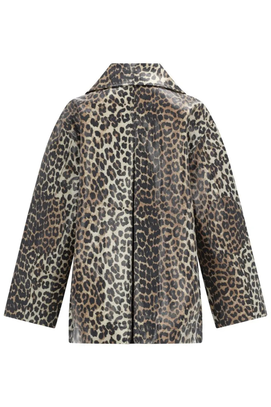 A sleek glossy leopard-print trench coat with classic collar and long sleeves from Ganni Women’s Giacca Laminata Animalier Pattern