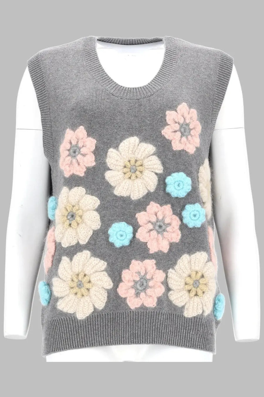 Ganni women’s grey knit sleeveless vest with soft pink cream and light blue embroidered floral appliqués